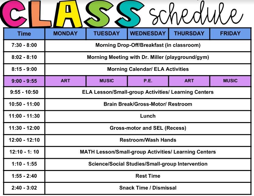 Pre-K Student Schedule